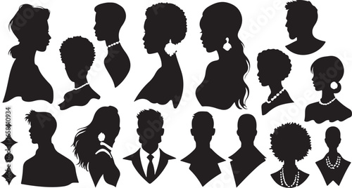 Diverse Silhouettes of Men and Women in Profile Featuring Assorted Hairstyles Jewelry and Formal Attire Expressing Elegance and Style