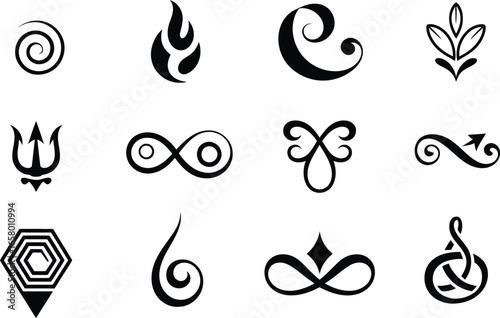Twelve Elegant Black and White Abstract Design Elements:  Swirls, Infinity Symbols, and Floral Motifs.