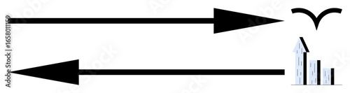 Two opposing arrows, rising buildings, and bird in flight, suggesting direction, progress, competition, decision-making, opportunity business strategy growth. Ideal for analysis navigation simple