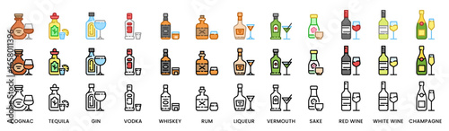 Liquor bottle icon illustration set. Alcohol bottles. Whiskey, rum, tequila, vodka, gin, wine, etc. Outline and filled icons with editable stroke. Isolated on transparent background.