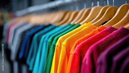Colorful t-shirts on wooden hangers in a store