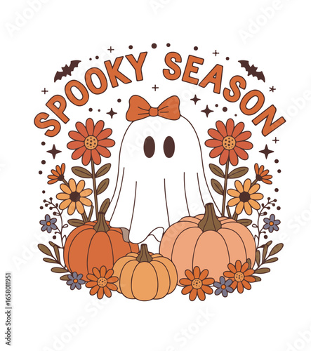 Cute ghost wearing bow stands behind pumpkins surrounded by flowers spells spooky season with transparent background, t-shirt design