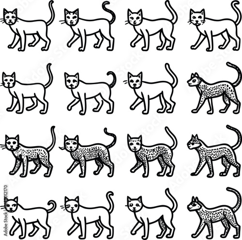 Playful Cat Line Art Grid Collection. Whimsical Hand-Drawn Kitten Illustrations. Set of Cartoon Cat Pose Vectors.
