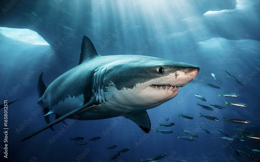 Naklejka premium Great White Shark Swimming Gracefully Beneath Sunlit Ocean Waters