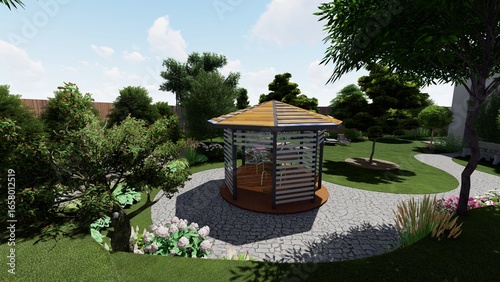 3d image of the landscape design of the home territory. Landscaping of the territory. Computer visualization of composite landscaping and landscaping solutions.