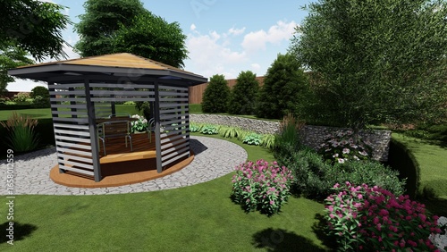 3d image of the landscape design of the home territory. Landscaping of the territory. Computer visualization of composite landscaping and landscaping solutions.