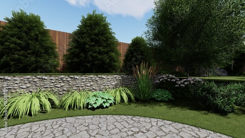 3d image of the landscape design of the home territory. Landscaping of the territory. Computer visualization of composite landscaping and landscaping solutions.