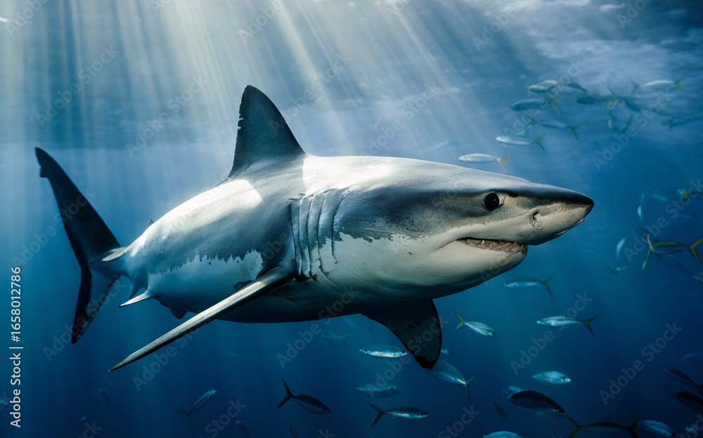 Fototapeta premium Great White Shark Swimming Gracefully Beneath Sunlit Ocean Waters