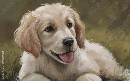 Oil painting of an Adorable Golden Retriever Puppy Relaxing on a Sunny Outdoor Lawn