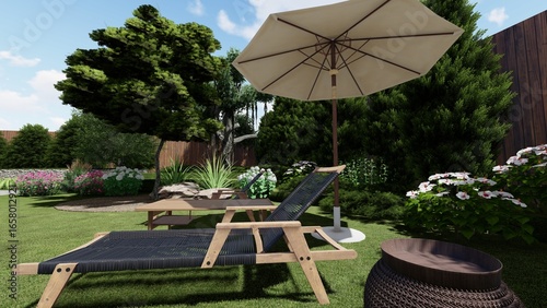 3d image of the landscape design of the home territory. Landscaping of the territory. Computer visualization of composite landscaping and landscaping solutions.