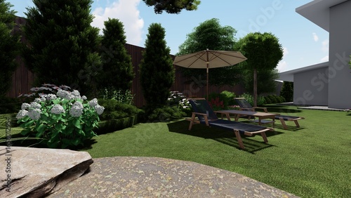 3d image of the landscape design of the home territory. Landscaping of the territory. Computer visualization of composite landscaping and landscaping solutions.