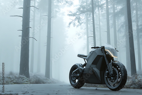 Sleek futuristic electric motorcycle parked on a misty forest road, adventure awaits
