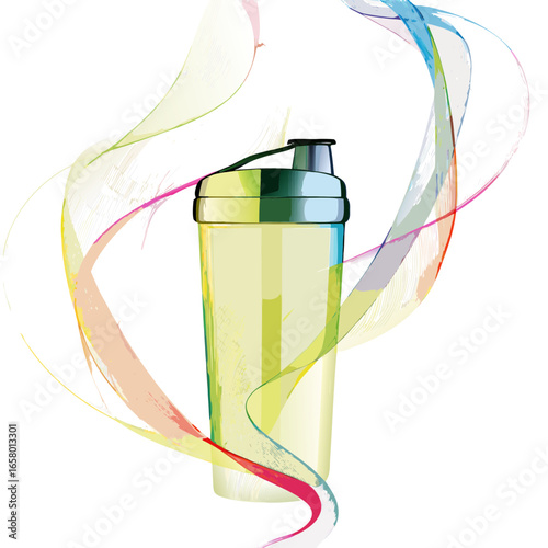 Colorful abstract shaker bottle illustration with flowing lines and copy space
