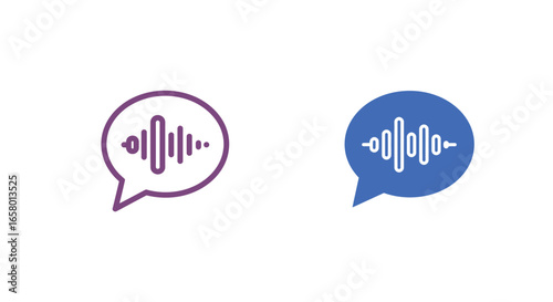 Two stylized speech bubble icons, one purple outlined and one blue filled, each containing a white audio sound wave graphic, representing voice messages or sound communication.