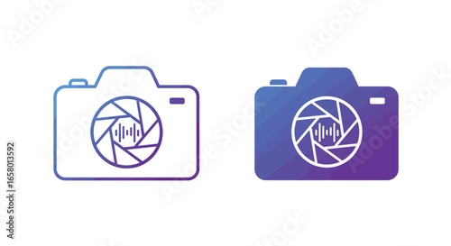 Two gradient camera icons featuring aperture and sound wave symbols, representing audio-visual media.