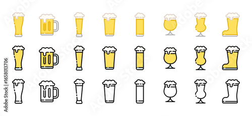 Beer icon illustration set. Beer glass types. Alcoholic drinks. Outline and filled icons with editable stroke. Isolated on transparent background.