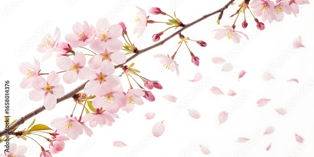 Fototapeta premium Delicate cherry blossom branch with falling petals isolated on white background.