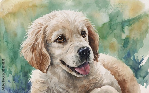 Golden Retriever Portrait Painted in Watercolor Style with Soft Background