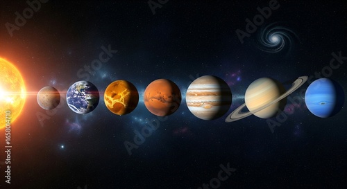 view of the Solar System showing all planets aligned in orbit around a brilliant, glowing sun with a cosmic galaxy in the background