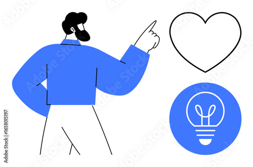 Male figure pointing toward a heart shape and light bulb icon. Ideal for creativity, passion, innovation, self-expression, motivation, inspiration, minimalistic design. Simple landing page