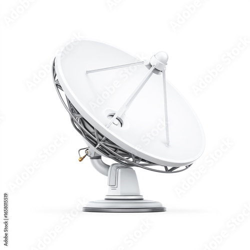 A simple vector logo of an large white satellite dish with metal details.