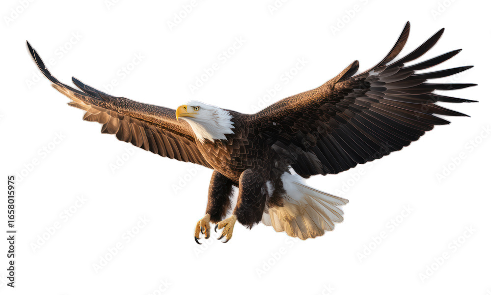 Fototapeta premium Bald eagle soars, wings spread, against a blurred background