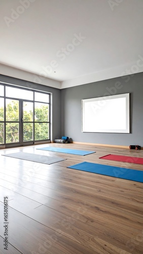 Yoga studio interior with large windows