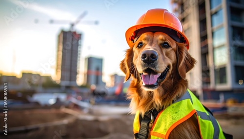Golden retriever in safety gear on construction site