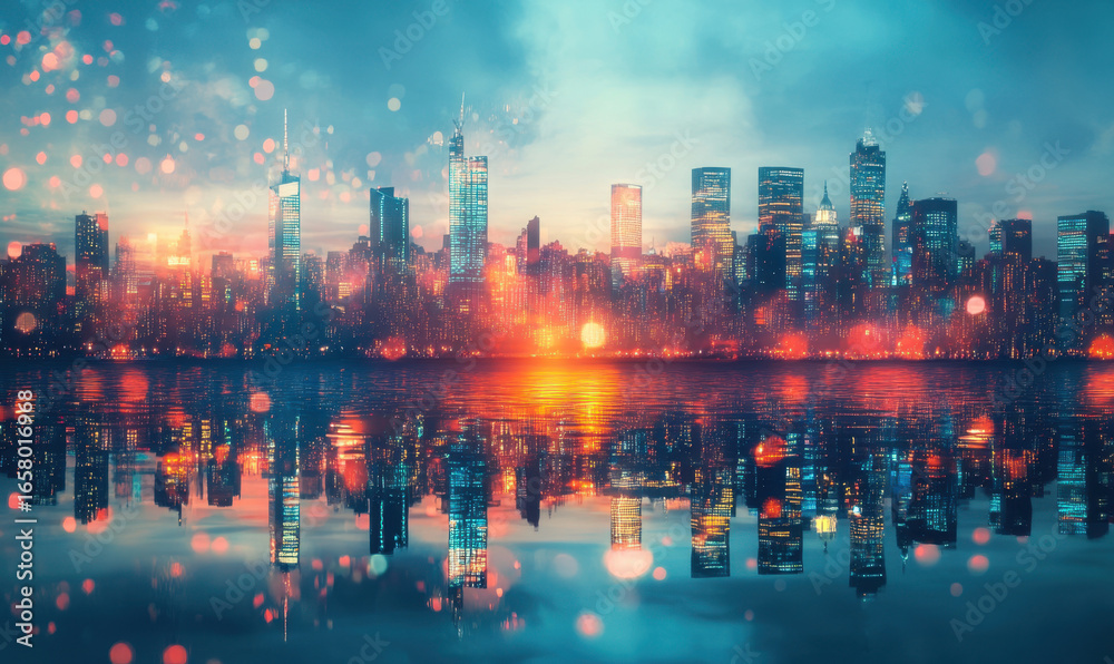 Obraz premium Vibrant Cityscape Reflection at Sunset