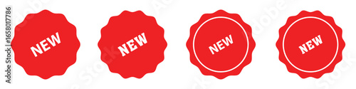 New arrival tags and stickers collection, Set of new sticker. Badges with word new. Red promotion labels for arrivals shop section. Vector illustration isolated on white background