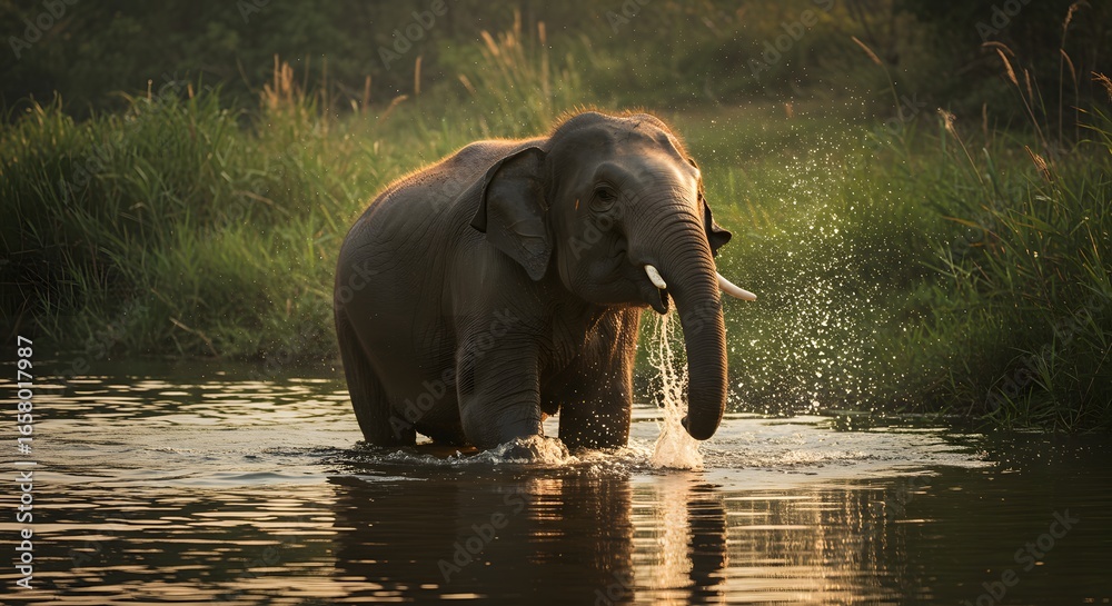 Obraz premium Elephant in water at sunset