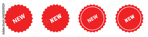 New arrival tags and stickers collection, Set of new sticker. Badges with word new. Red promotion labels for arrivals shop section. Vector illustration isolated on white background