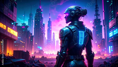 A futuristic cityscape unfolds, showcasing a figure in advanced armor, bathed in vibrant neon hues.