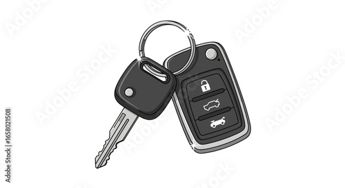 Illustration of car key and remote fob with lock unlock trunk and car icons