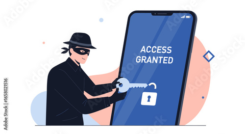 Cybercriminal gaining unauthorized access to a smartphone with a key representing digital security