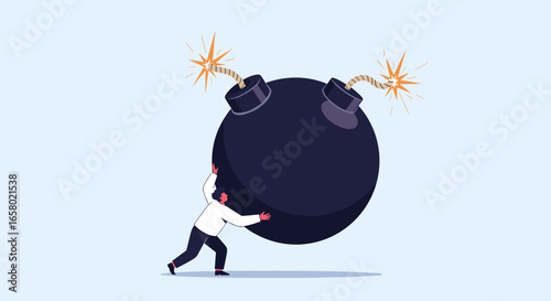 A person struggling to push a large bomb away with burning fuses showing the danger of impending disaster and risk