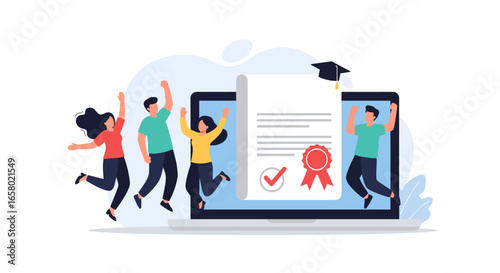 Digital education achievement celebration illustrating online learning success and graduation with happy students and certificate displayed on a laptop screen