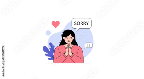 A woman apologizes with a heart symbol and a speech bubble saying sorry indicating remorse and regret for her actions