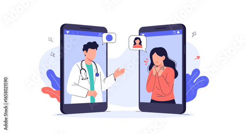 Virtual healthcare consultation connecting doctor and patient remotely via mobile devices for medical advice and support