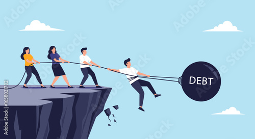 Teamwork struggling against the crushing weight of debt near a precipice representing financial ruin
