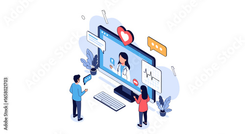 Telemedicine consultation connecting patients with doctors remotely via online healthcare services featuring advanced technology