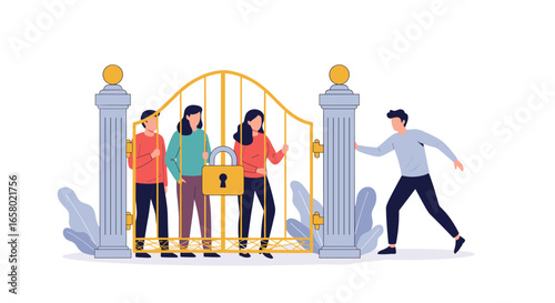 People waiting to pass through a locked gate unlocked by another person illustration depicting access and entry restrictions