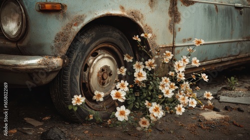 Wallpaper Mural Flowers growing around the rusty wheel of an old abandoned car. Torontodigital.ca