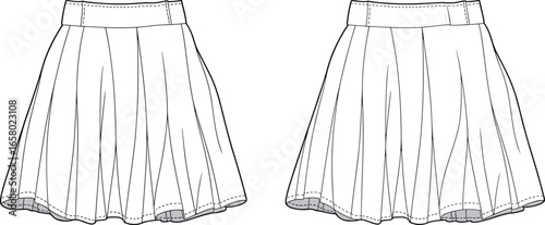 Pleated skirt technical drawing, fashion flat sketch, garment design template, CAD vector illustration, apparel outline, sewing pattern, waistband detail