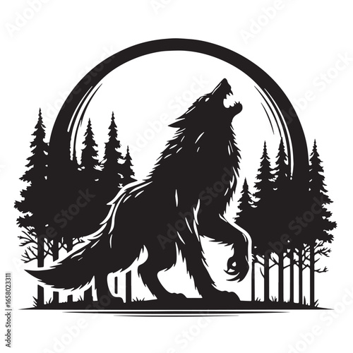 black Werewolf in forest Silhouette Vector, High Quality Illustration on White Background