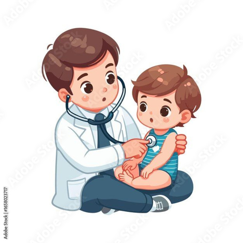 A doctor is checking a baby’s heartbeat with a stethoscope.