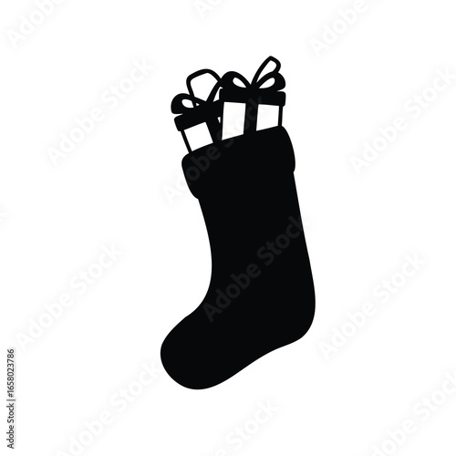 Stylized black Christmas stocking filled with candy cane and a gift