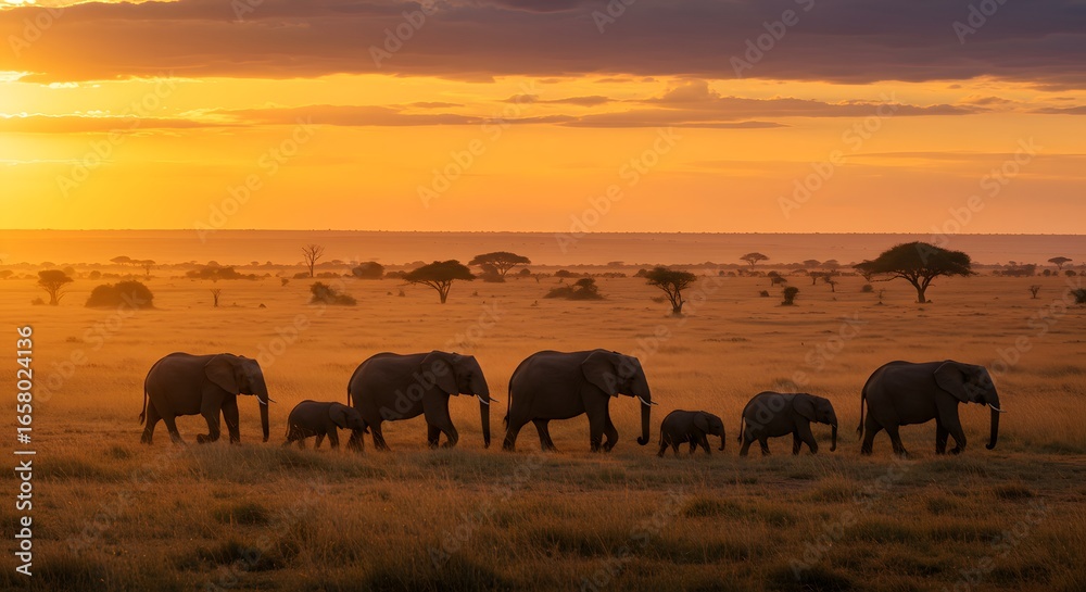 Fototapeta premium Elephant herd sunset savanna