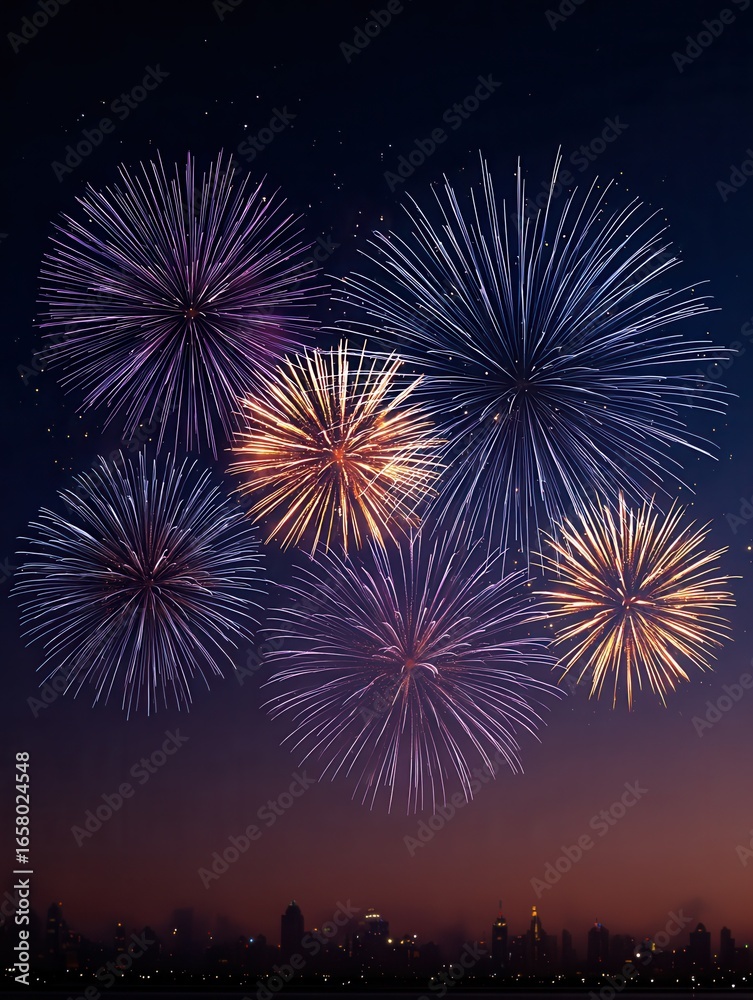 Naklejka premium A vibrant fireworks display lights up the night sky over a city skyline, creating a festive and celebratory atmosphere.