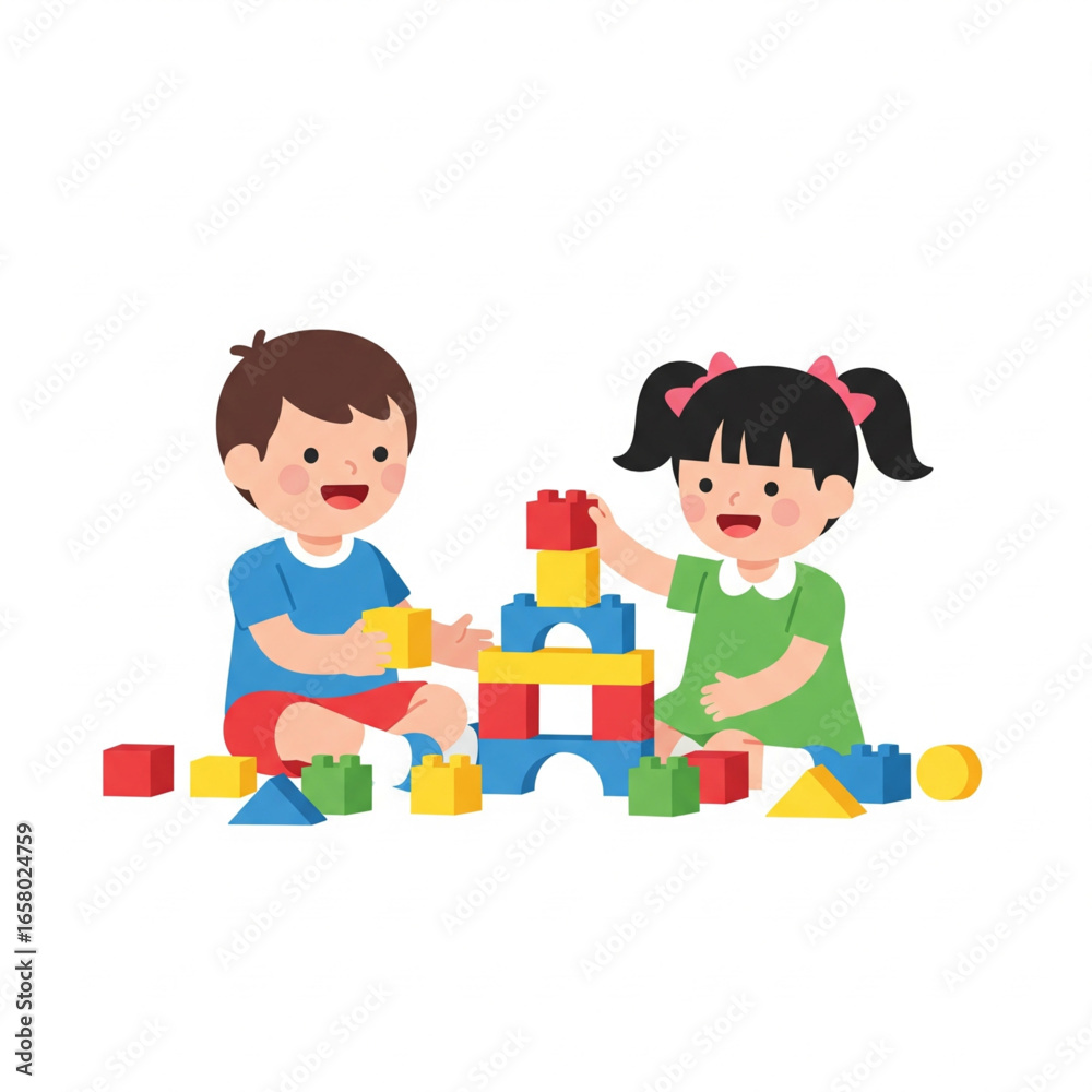 Two children are happily playing with colorful building blocks. Two children are happily playing with colorful building blocks.